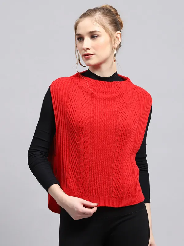 Women Red Self Design Round Neck Sleeveless Winter Tops sold by Monte Carlo