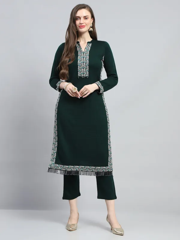 Women Green Embroidered Round Neck Full Sleeve Kurti Set for Winter sold by Monte Carlo