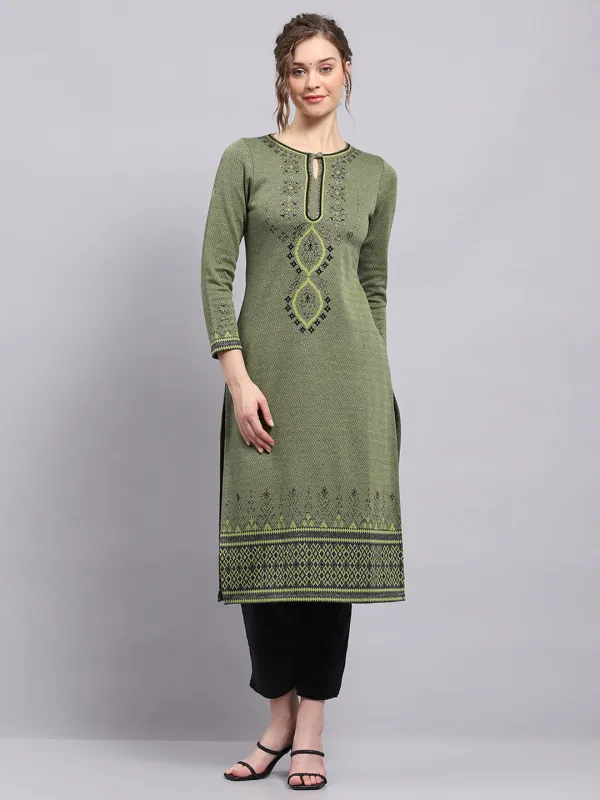 Women Green Self Design Round Neck 3/4th Sleeve Winter Kurti sold by Monte Carlo