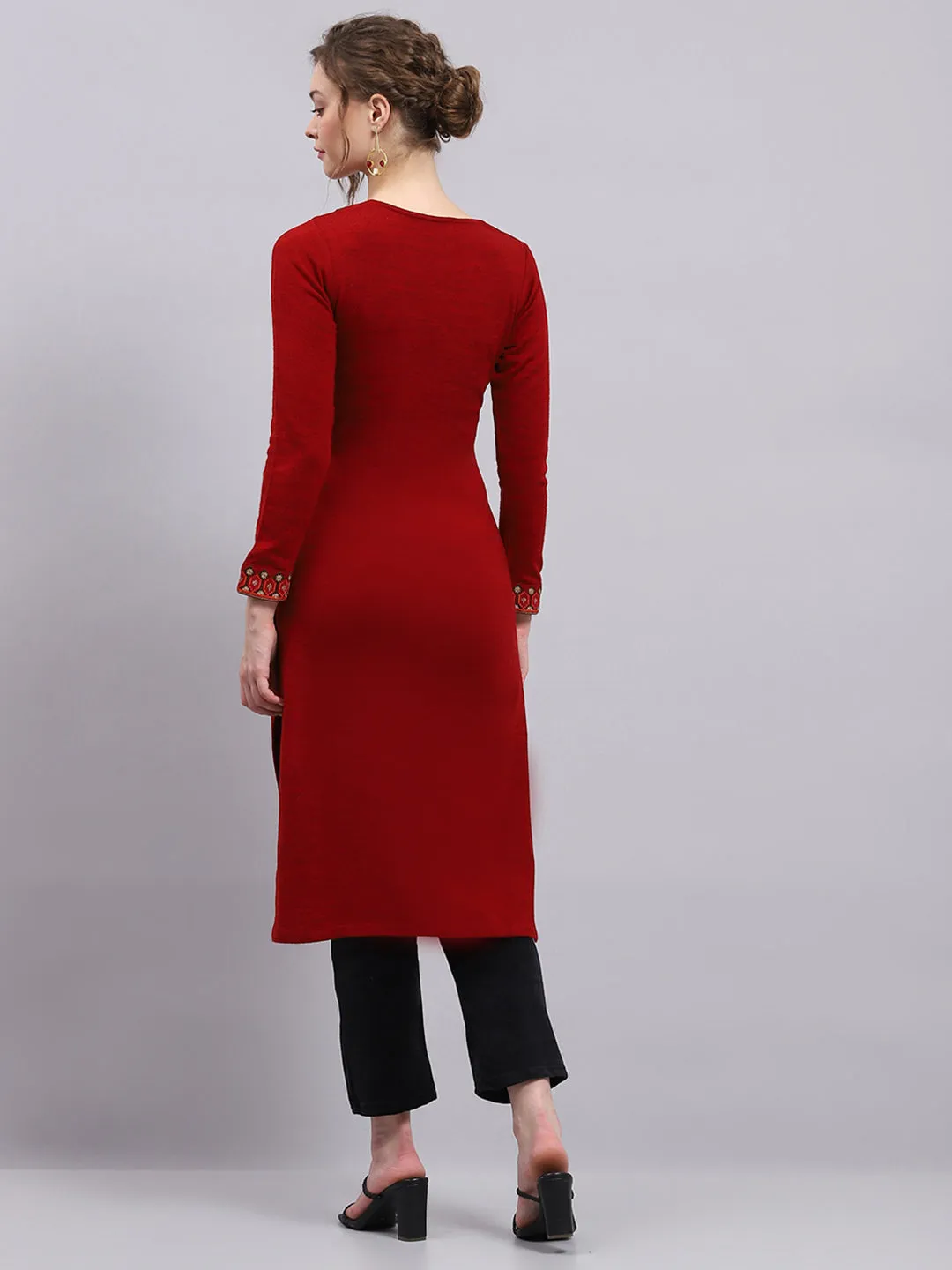 Women Maroon Printed Round Neck Full Sleeve Winter Kurti sold by Monte Carlo product image thumbnail 5