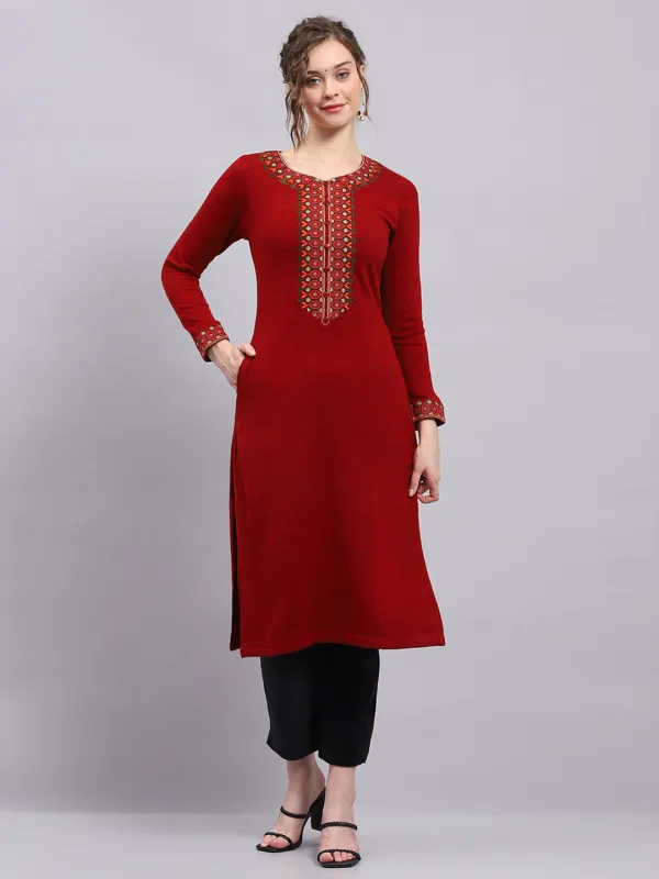 Women Maroon Printed Round Neck Full Sleeve Winter Kurti sold by Monte Carlo