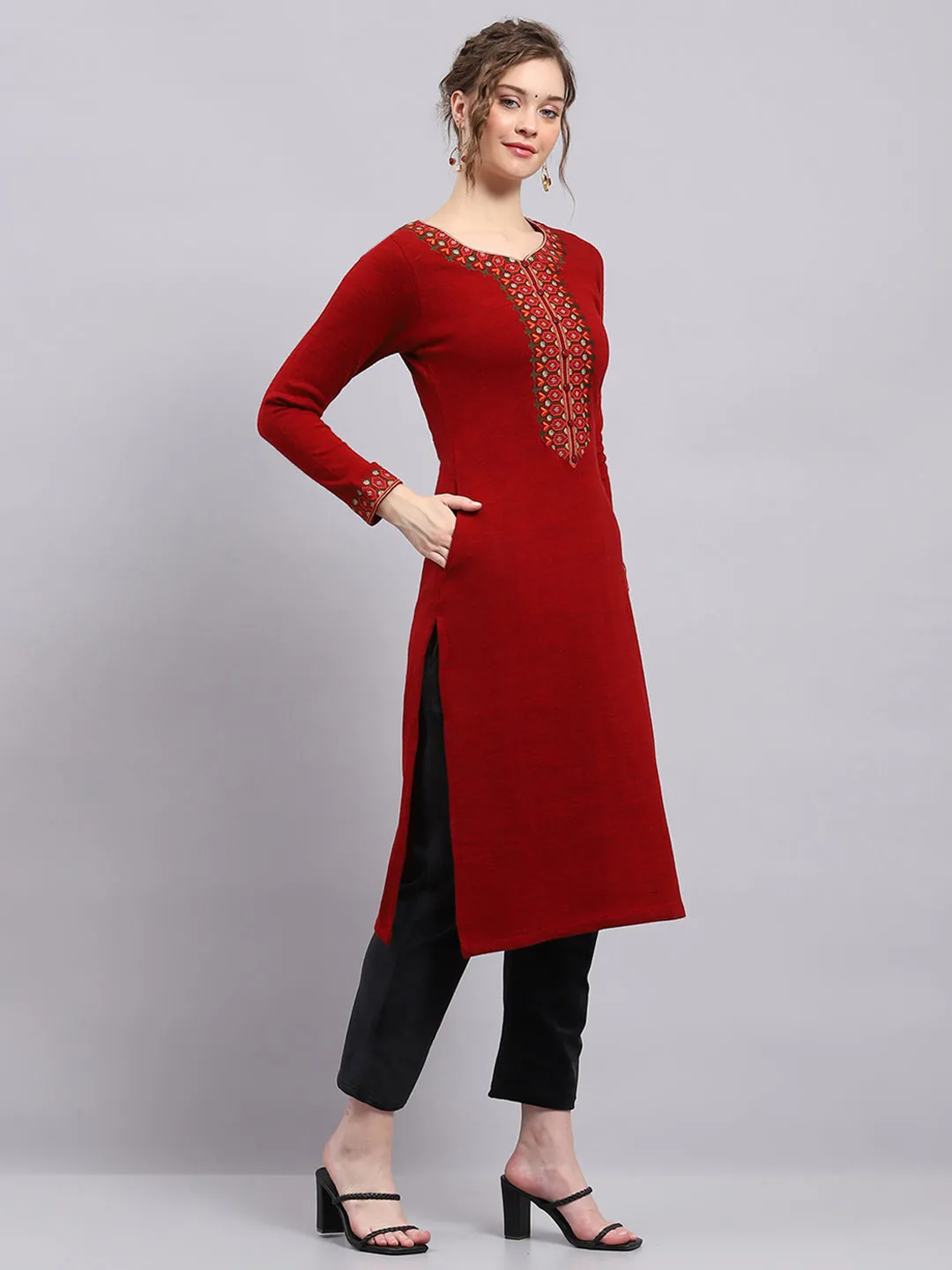 Women Maroon Printed Round Neck Full Sleeve Winter Kurti sold by Monte Carlo product image thumbnail 4