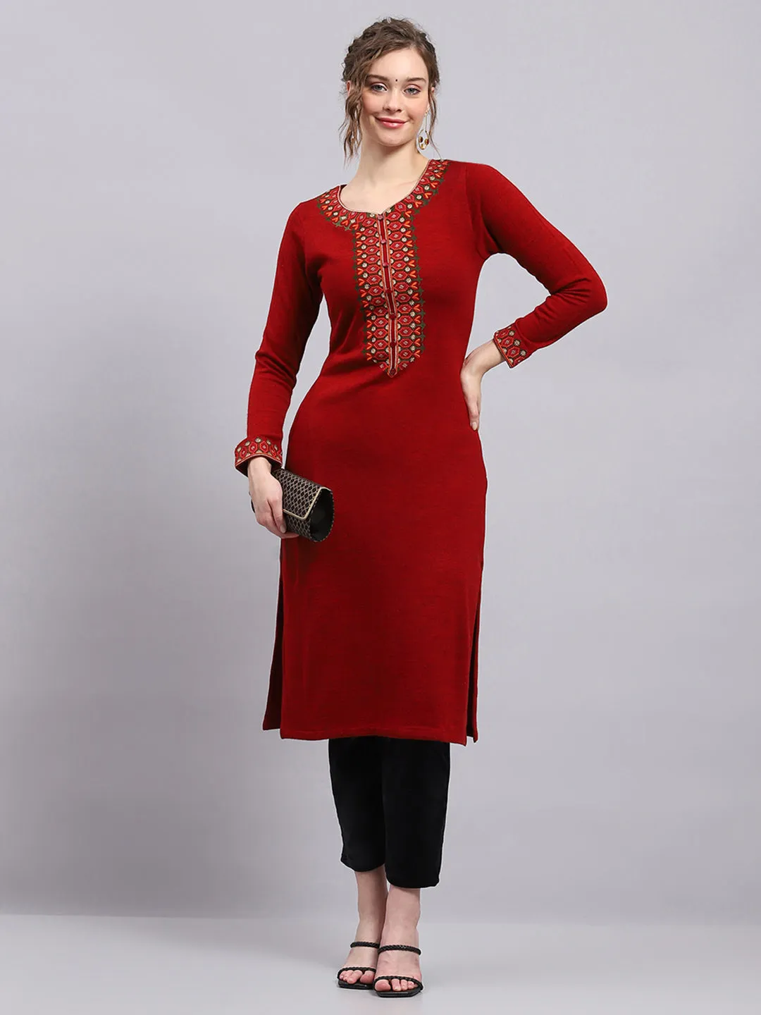 Women Maroon Printed Round Neck Full Sleeve Winter Kurti sold by Monte Carlo product image thumbnail 2