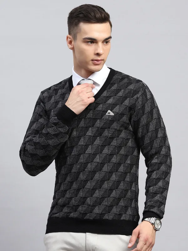 Men Black Self Design V Neck Full Sleeve Pullover sold by Monte Carlo