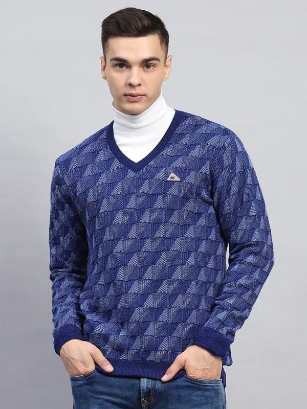 Men Blue Self Design V Neck Full Sleeve Pullover made by Monte Carlo