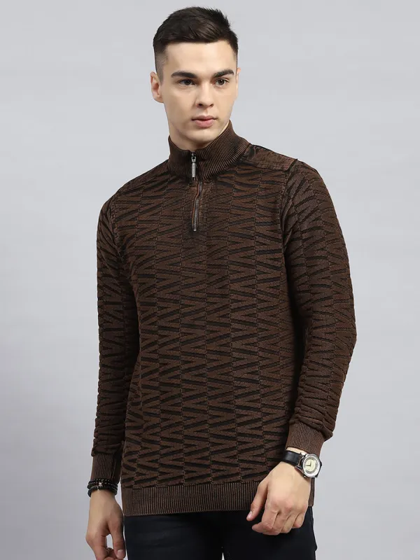 Men Brown Self Design High Neck Full Sleeve Pullover sold by Monte Carlo