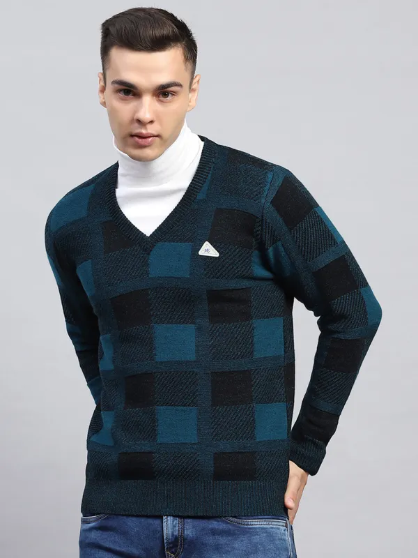 Men Blue Check V Neck Full Sleeve Pullover sold by Monte Carlo