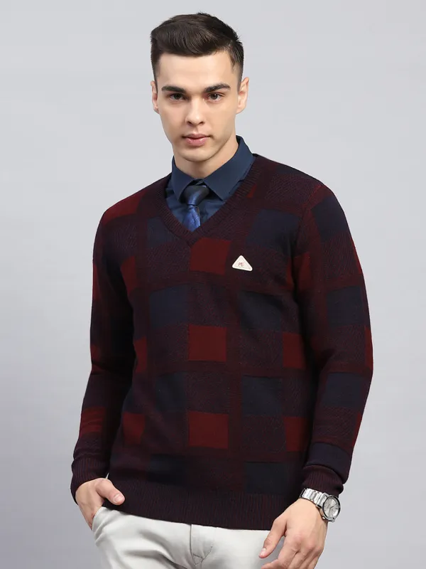 Men Maroon Check V Neck Full Sleeve Pullover made by Monte Carlo