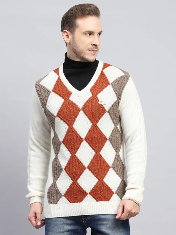 Men Off White Self Design V Neck Full Sleeve Pullover made by Monte Carlo