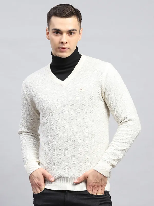 Men Off White Self Design V Neck Full Sleeve Pullover made by Monte Carlo
