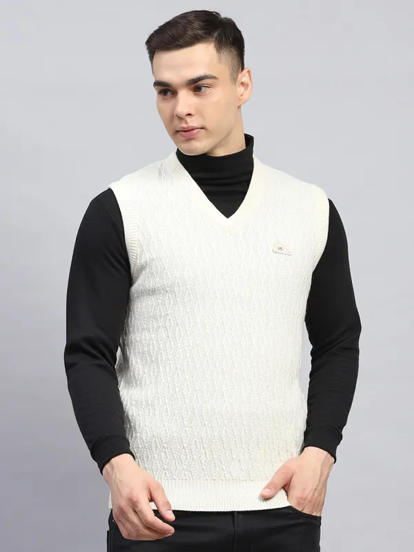 Men Off White Self Design V Neck Sleeveless Sweater sold by Monte Carlo