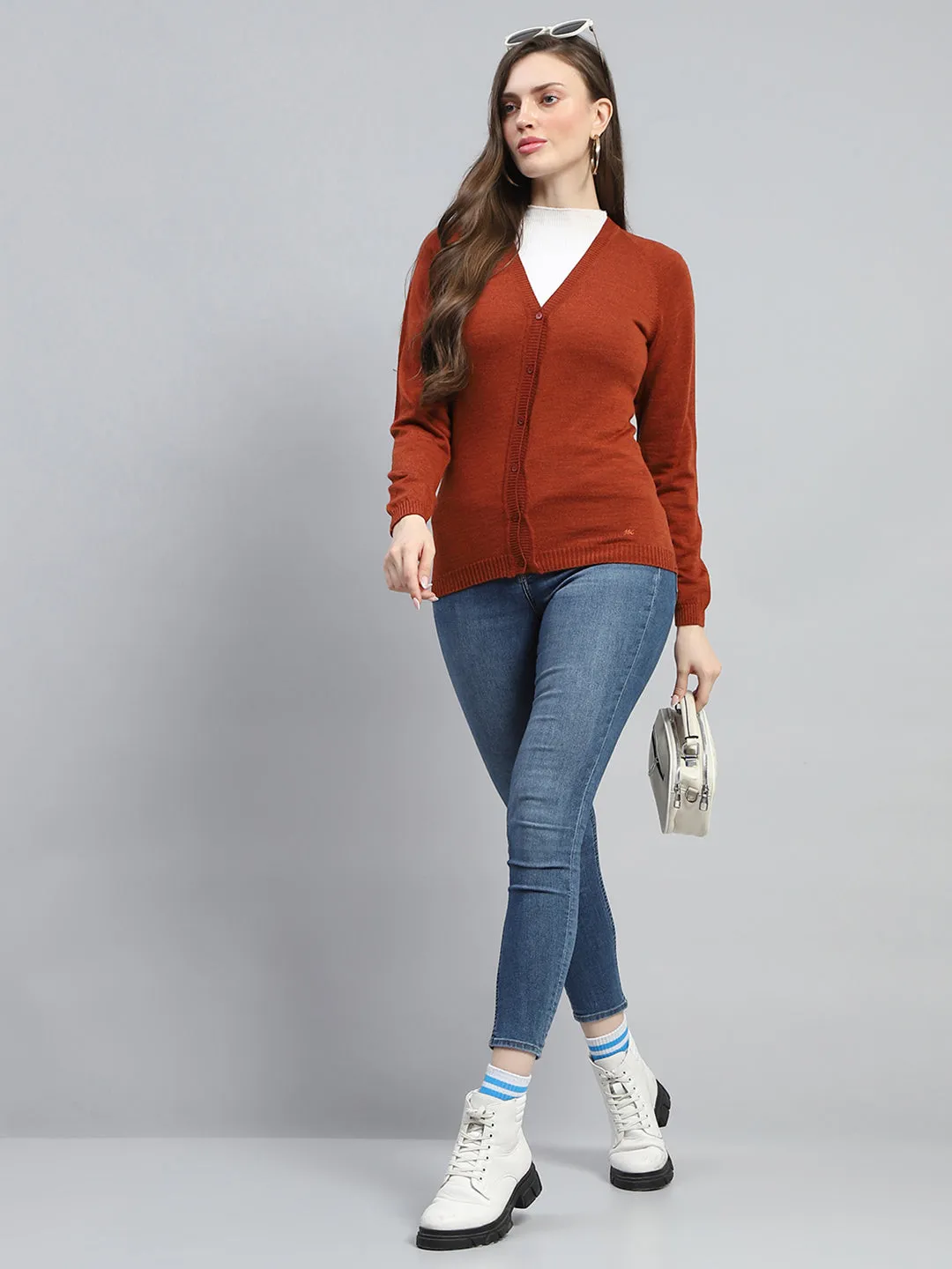 Women Rust Solid V Neck Full Sleeve Cardigan sold by Monte Carlo product image thumbnail 2
