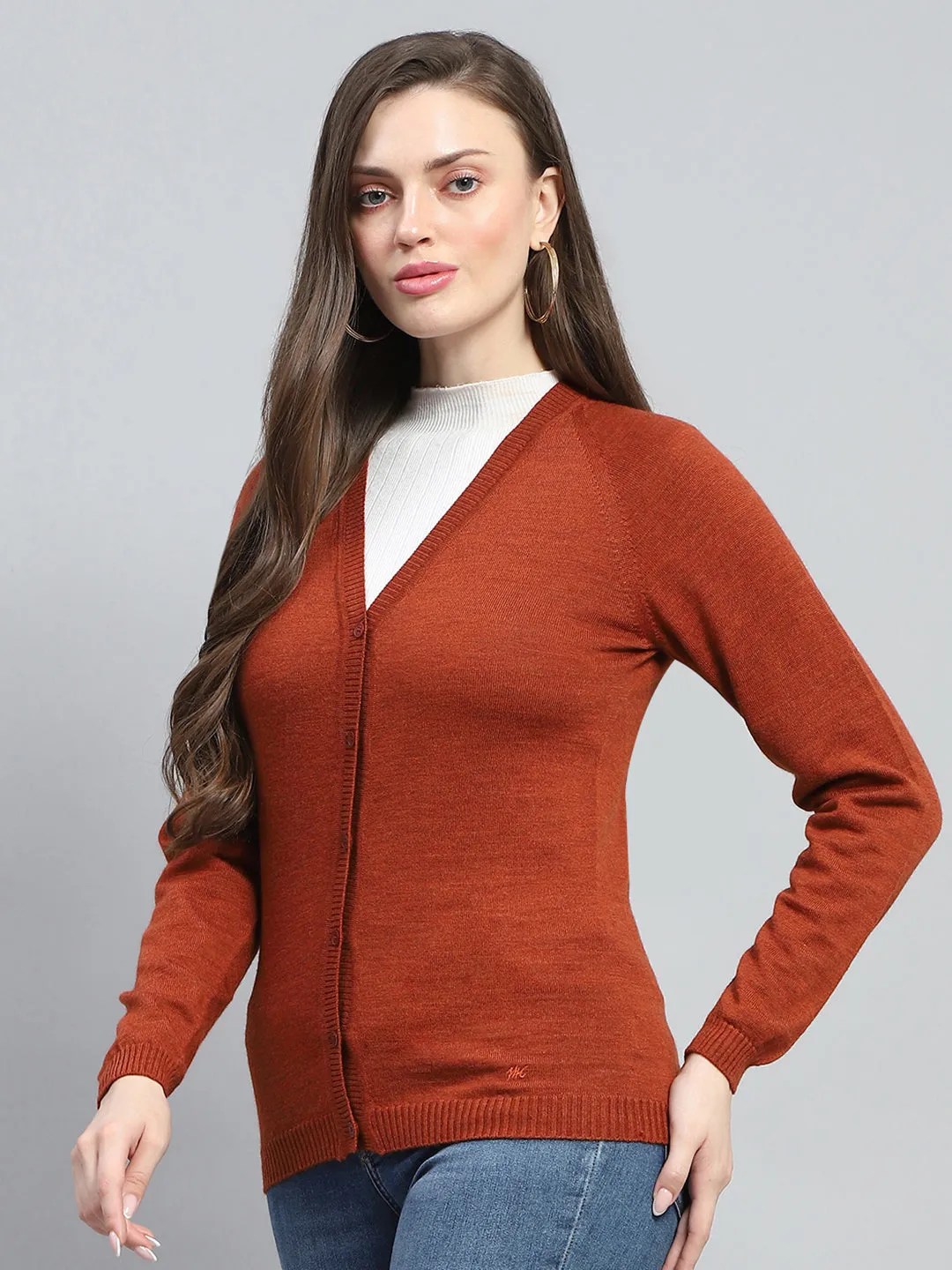 Women Rust Solid V Neck Full Sleeve Cardigan sold by Monte Carlo product image thumbnail 3