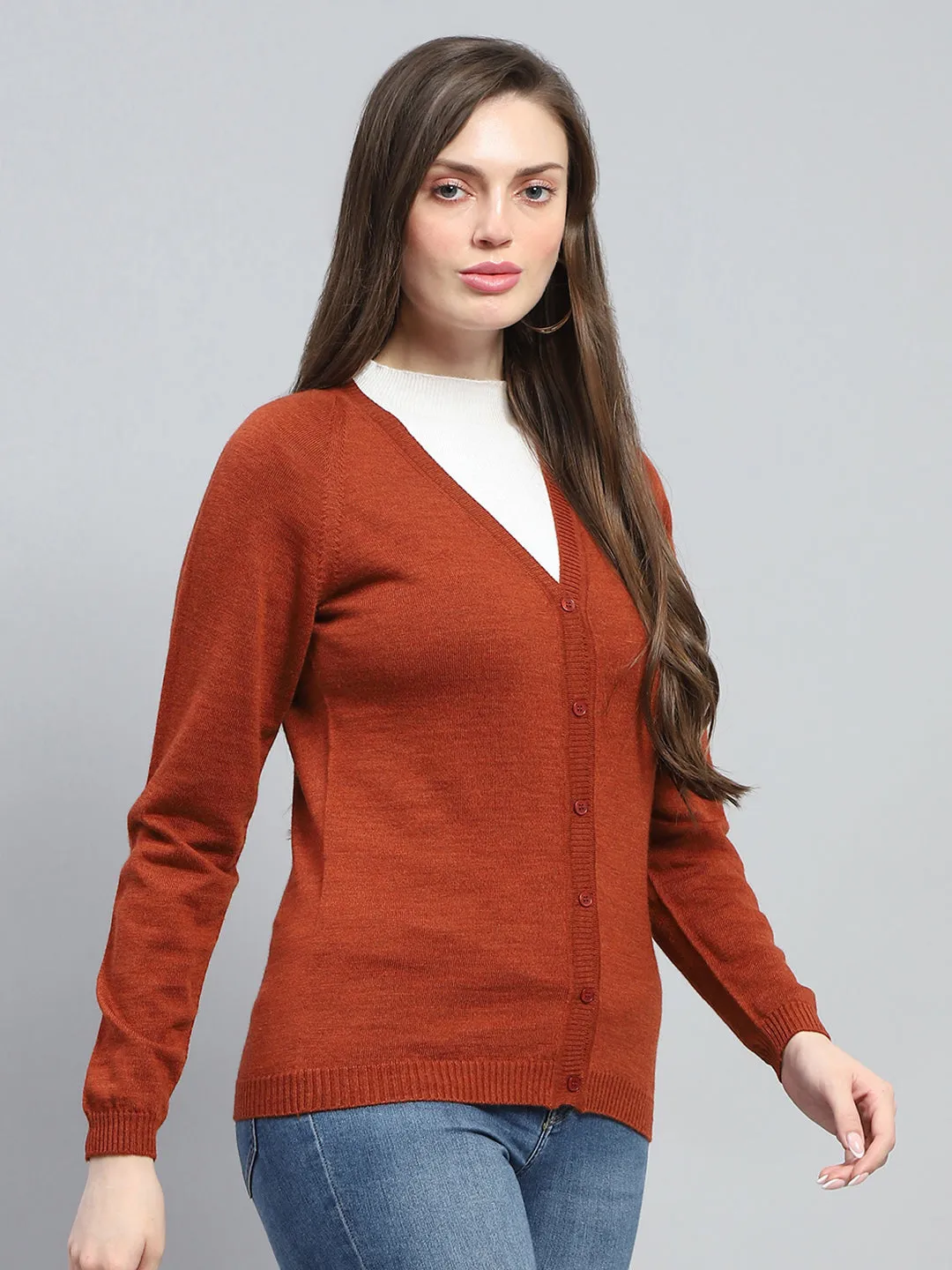 Women Rust Solid V Neck Full Sleeve Cardigan sold by Monte Carlo product image thumbnail 4
