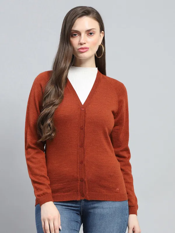 Women Rust Solid V Neck Full Sleeve Cardigan sold by Monte Carlo