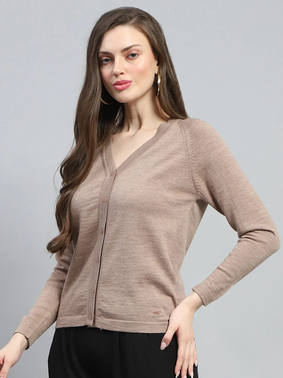 Women Beige Solid V Neck Full Sleeve Cardigan sold by Monte Carlo product image thumbnail 3