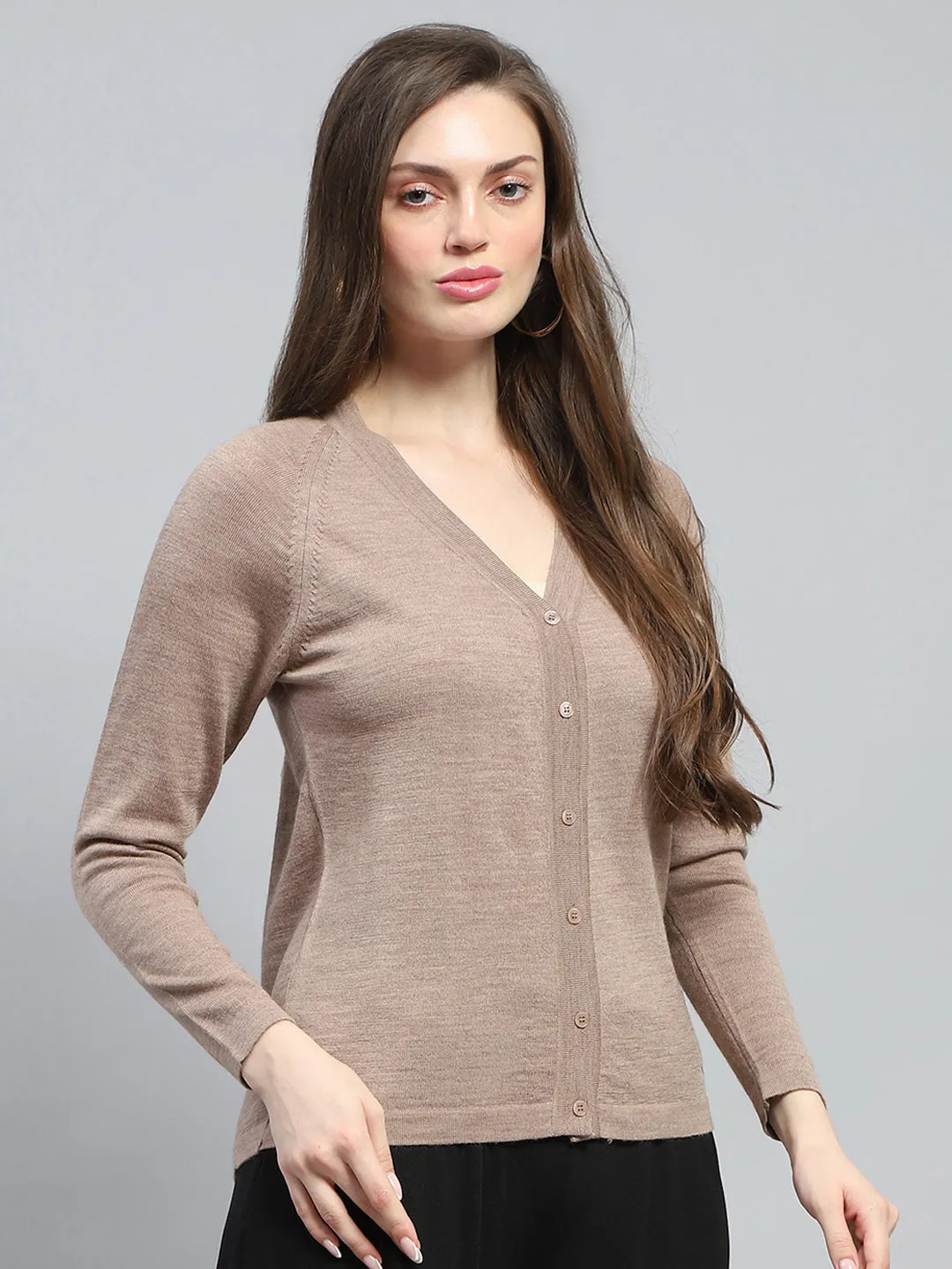 Women Beige Solid V Neck Full Sleeve Cardigan sold by Monte Carlo product image thumbnail 4