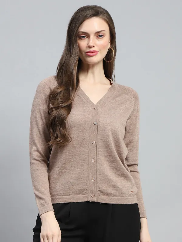 Women Beige Solid V Neck Full Sleeve Cardigan sold by Monte Carlo