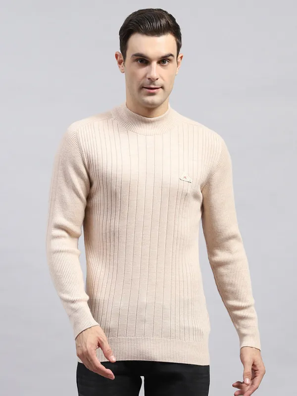 Men Beige Solid High Neck Full Sleeve Pullover sold by Monte Carlo