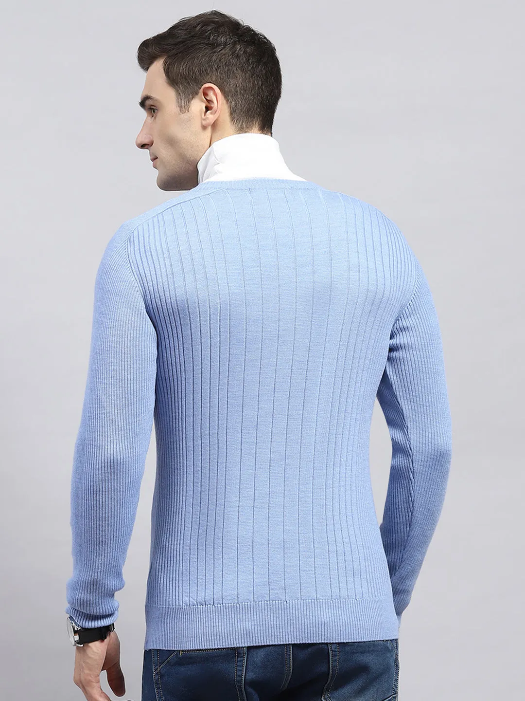 Men Sky Blue Solid V Neck Full Sleeve Pullover sold by Monte Carlo product image thumbnail 5