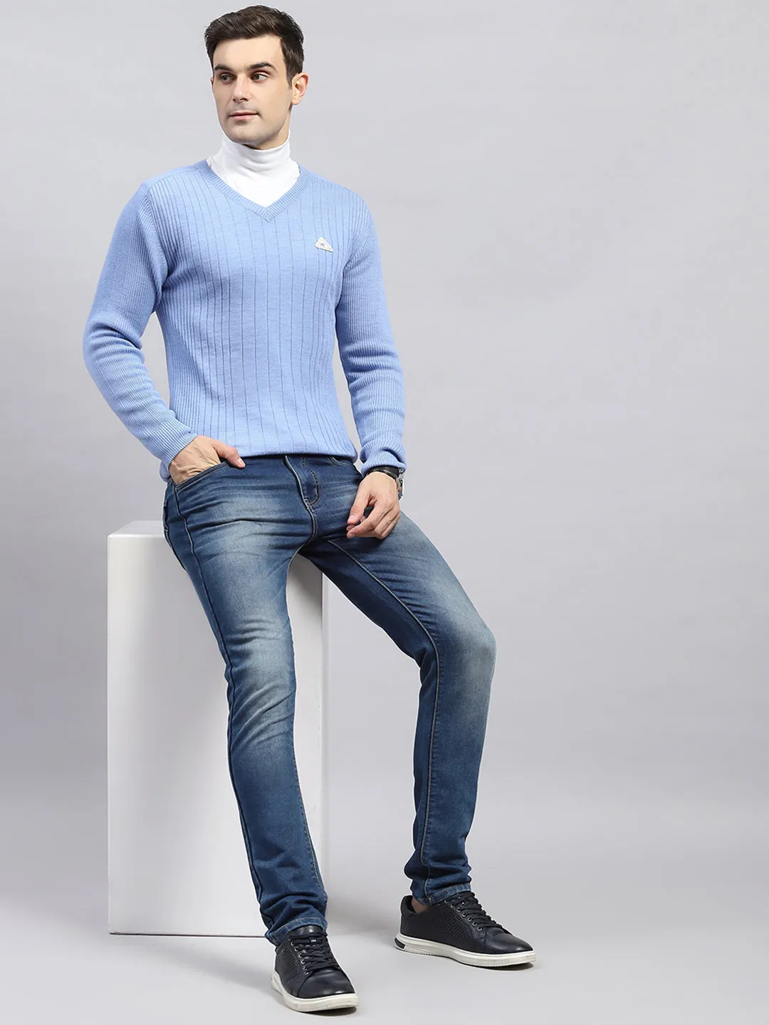 Men Sky Blue Solid V Neck Full Sleeve Pullover sold by Monte Carlo product image thumbnail 2