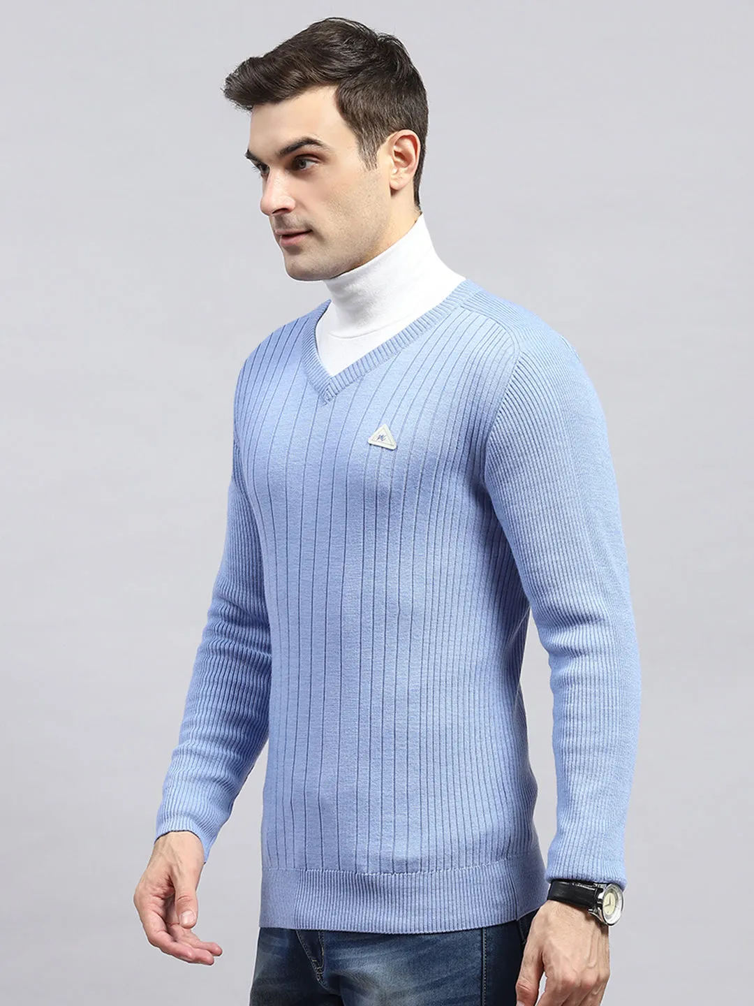 Men Sky Blue Solid V Neck Full Sleeve Pullover sold by Monte Carlo product image thumbnail 3