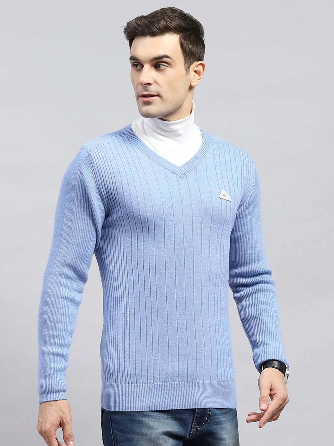 Men Sky Blue Solid V Neck Full Sleeve Pullover sold by Monte Carlo product image thumbnail 4