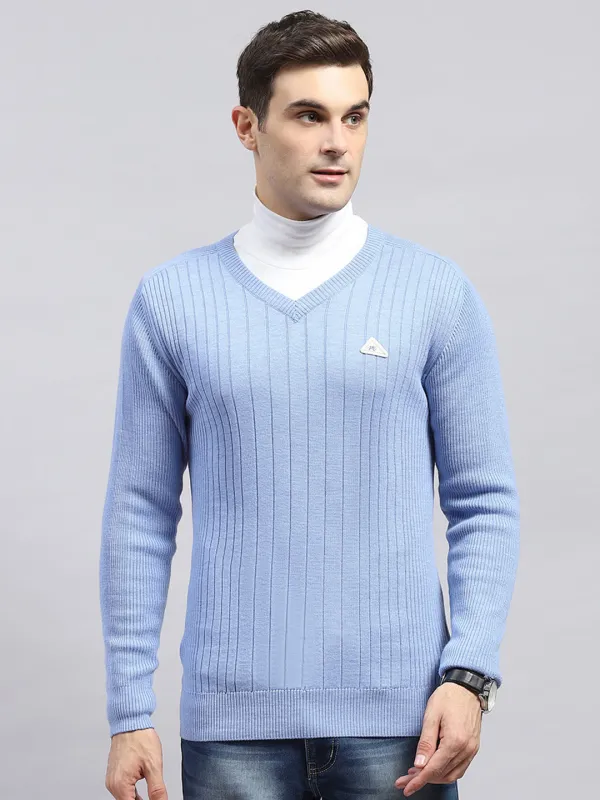 Men Sky Blue Solid V Neck Full Sleeve Pullover made by Monte Carlo