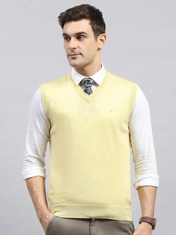 Men Yellow Solid V Neck Sleeveless Sweater sold by Monte Carlo