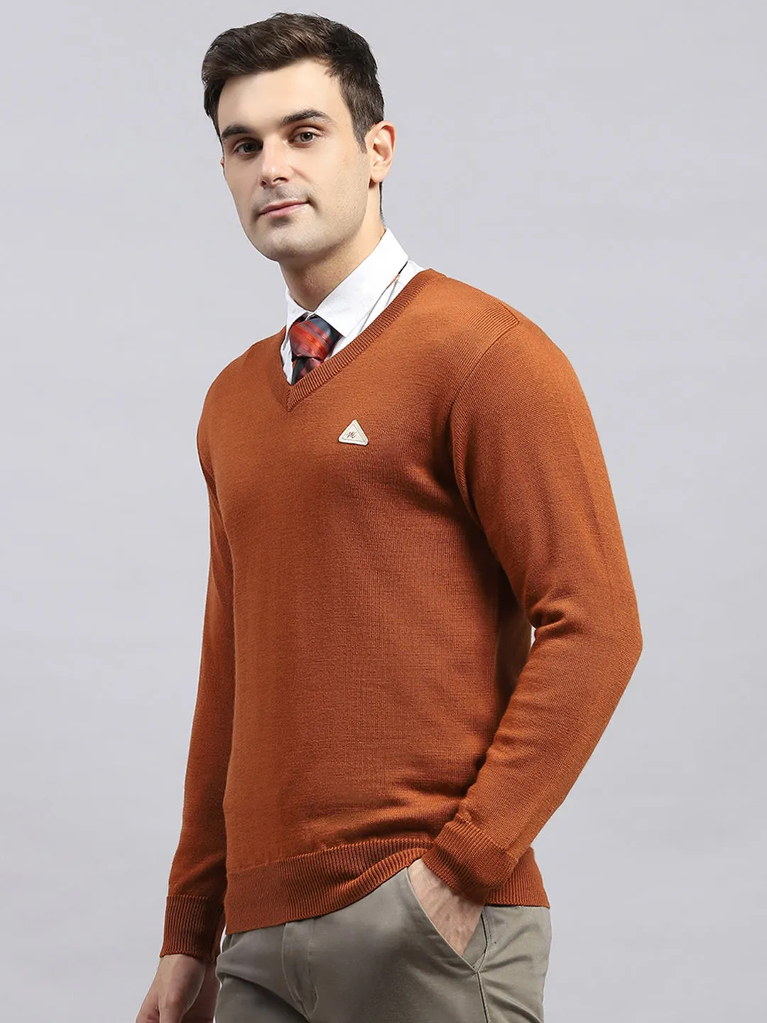 Men Rust Solid V Neck Full Sleeve Pullover sold by Monte Carlo product image thumbnail 3