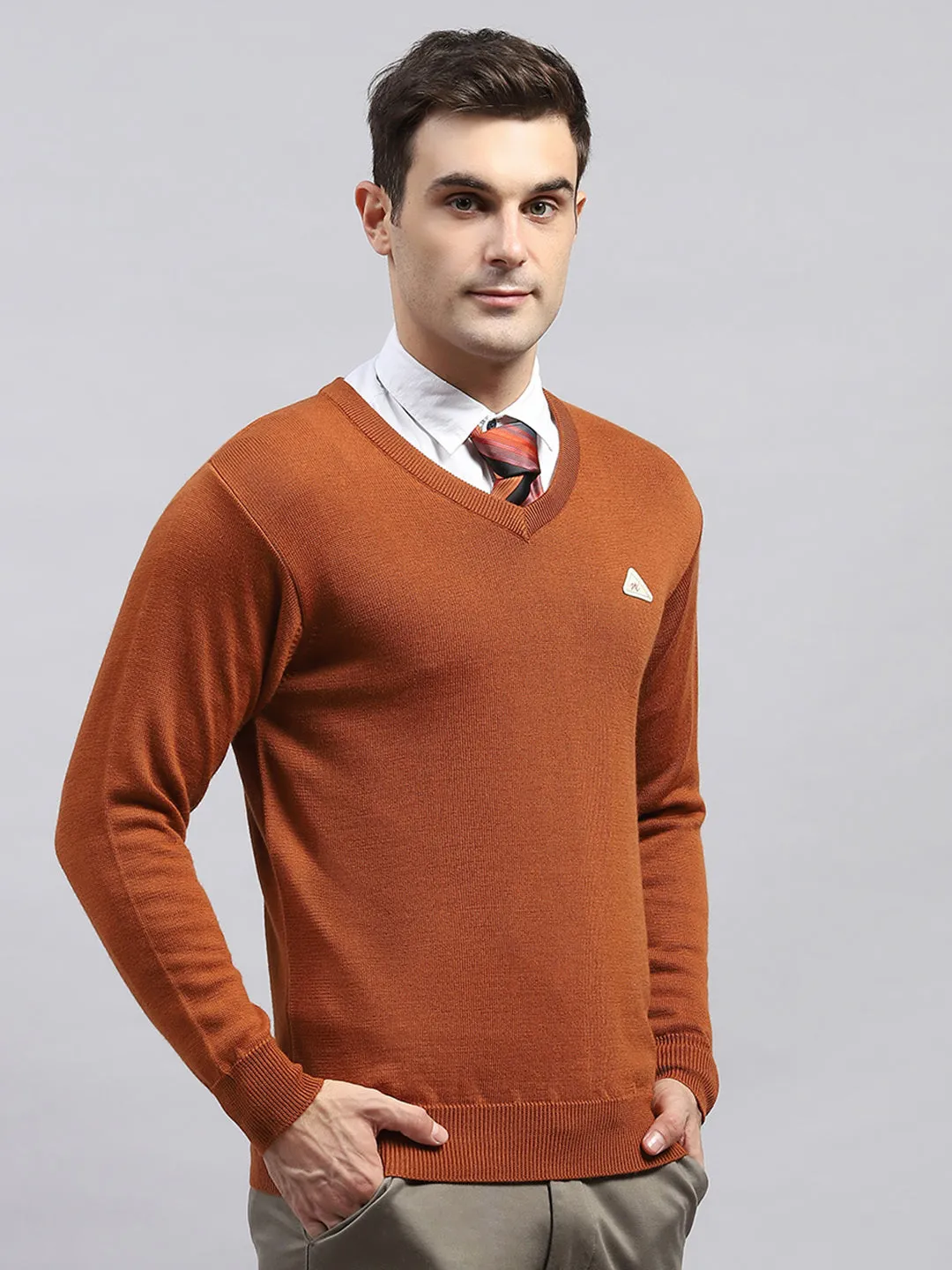 Men Rust Solid V Neck Full Sleeve Pullover sold by Monte Carlo product image thumbnail 4