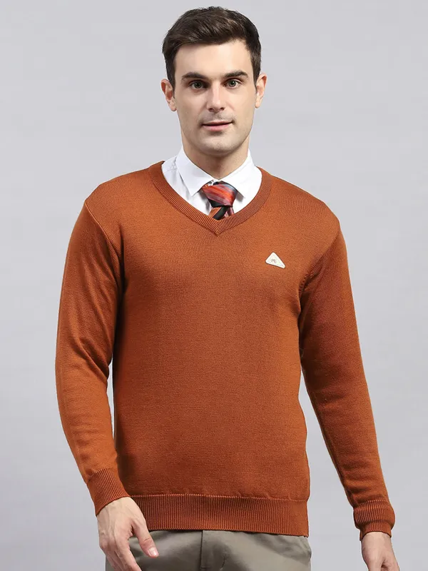 Men Rust Solid V Neck Full Sleeve Pullover sold by Monte Carlo