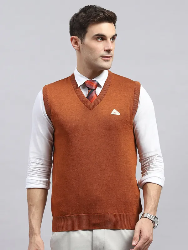 Men Rust Solid V Neck Sleeveless Sweater made by Monte Carlo