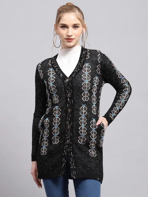Women Black Self Design V Neck Full Sleeve Cardigan sold by Monte Carlo