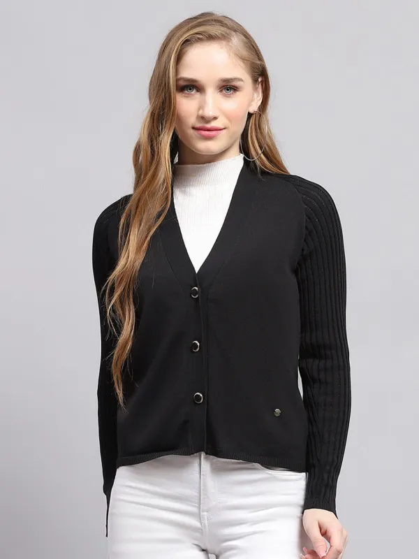 Women Black Solid V Neck Full Sleeve Cardigan sold by Monte Carlo