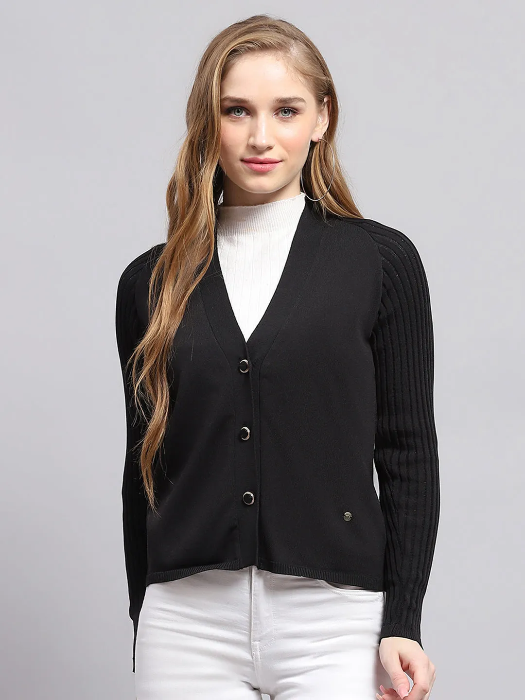 Women Black Solid V Neck Full Sleeve Cardigan sold by Monte Carlo