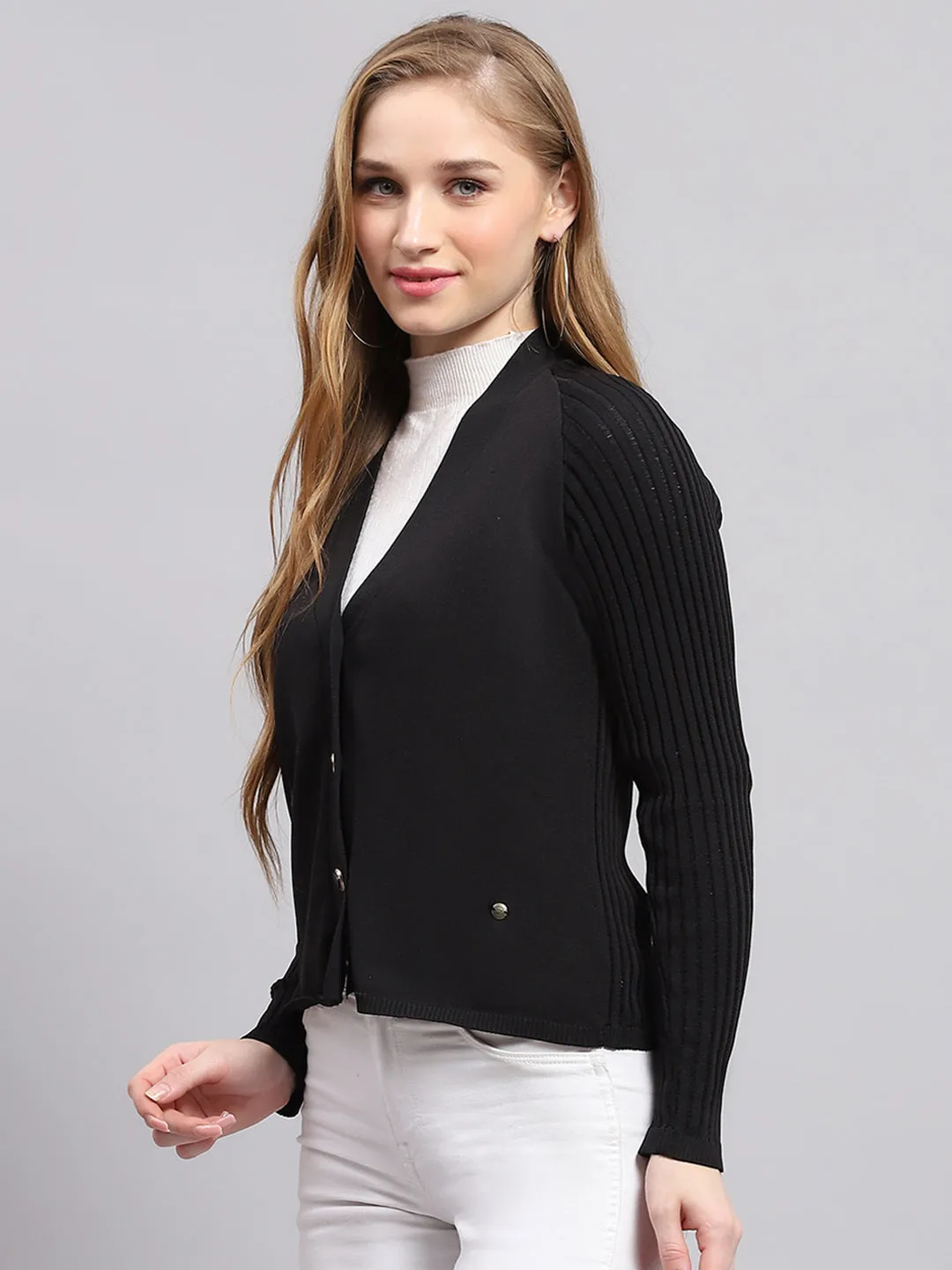 Women Black Solid V Neck Full Sleeve Cardigan sold by Monte Carlo product image thumbnail 3