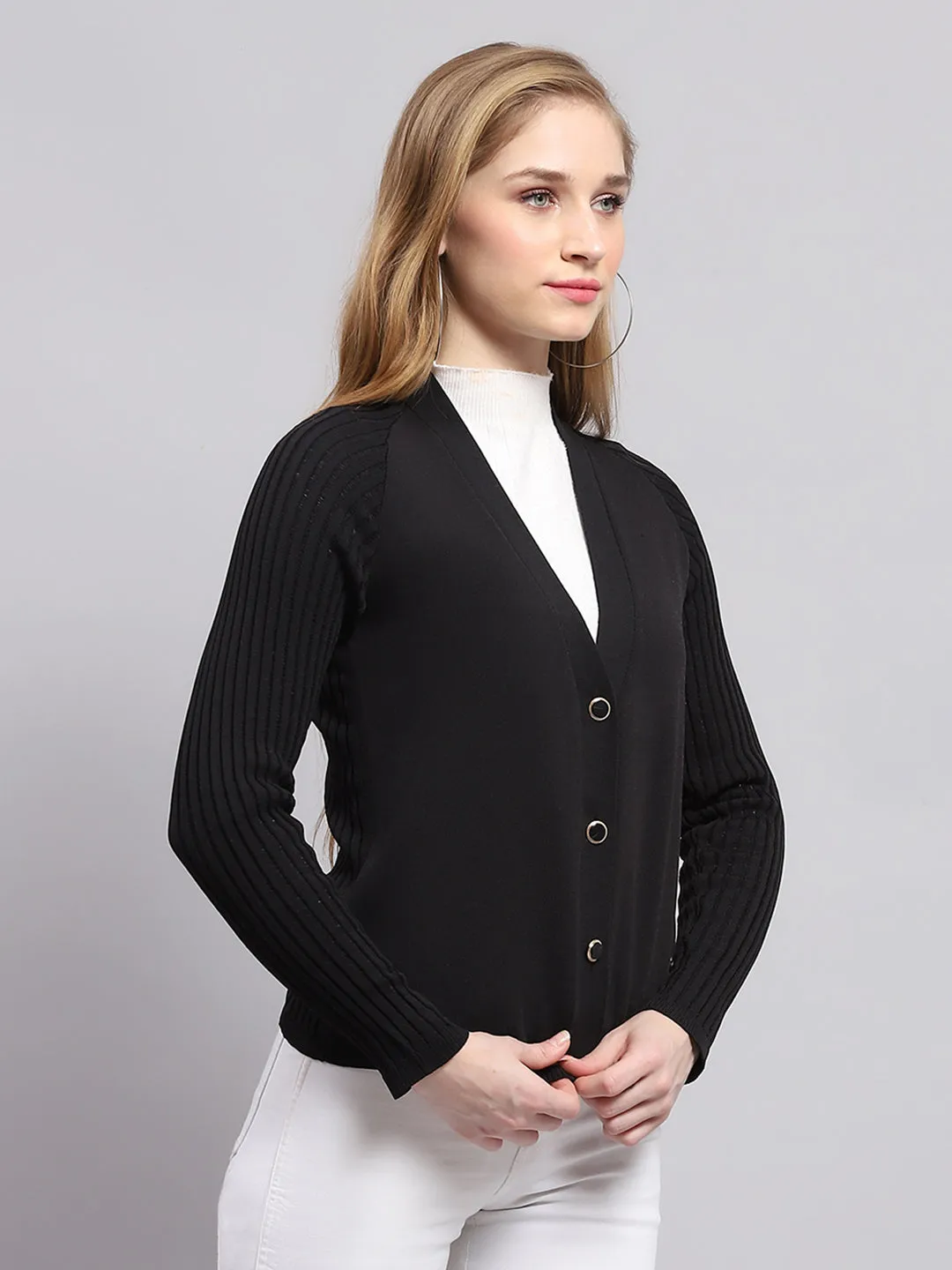 Women Black Solid V Neck Full Sleeve Cardigan sold by Monte Carlo product image thumbnail 4
