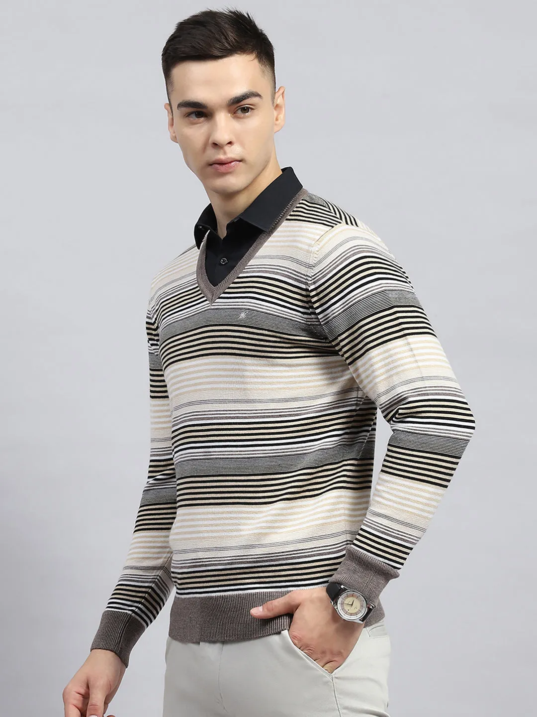 Men Beige Stripe V Neck Full Sleeve Pullover sold by Monte Carlo product image thumbnail 3