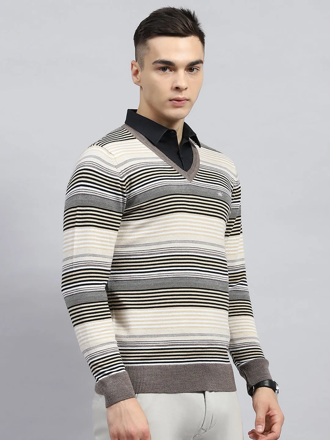 Men Beige Stripe V Neck Full Sleeve Pullover sold by Monte Carlo product image thumbnail 4