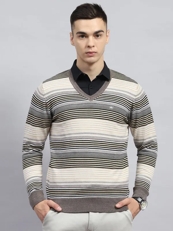 Men Beige Stripe V Neck Full Sleeve Pullover sold by Monte Carlo