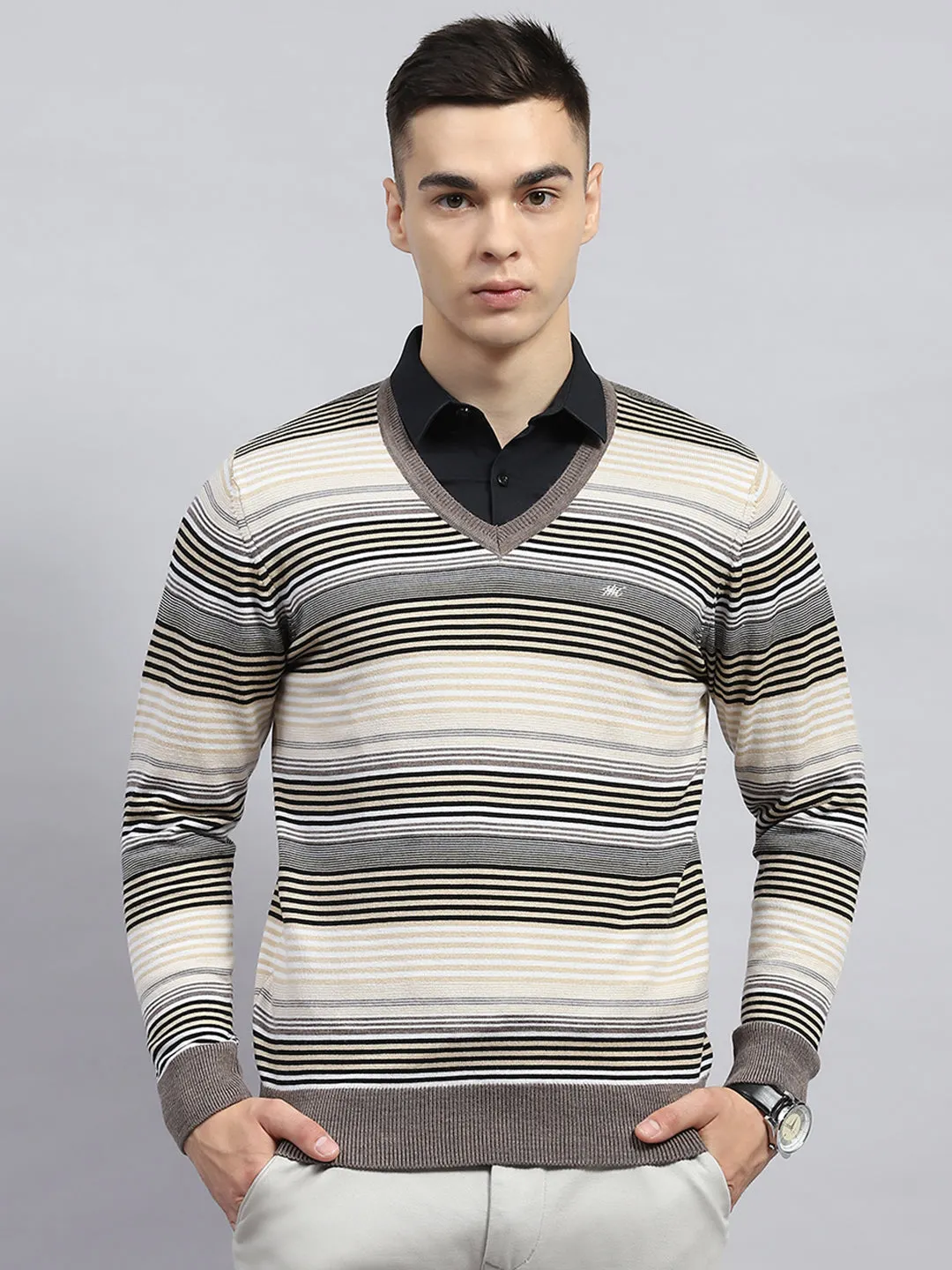 Men Beige Stripe V Neck Full Sleeve Pullover sold by Monte Carlo