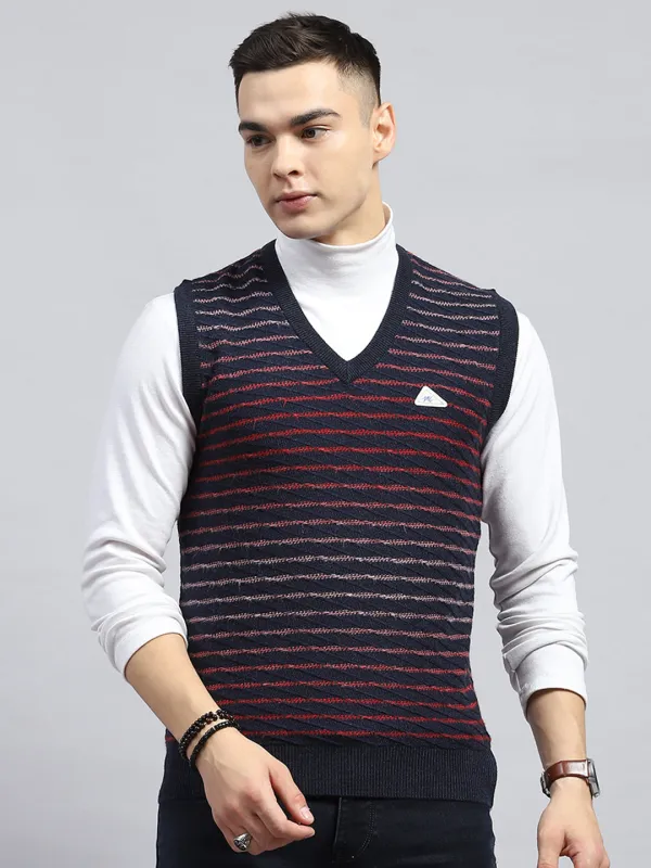 Men Navy Blue Self Design V Neck Sleeveless Sweater sold by Monte Carlo
