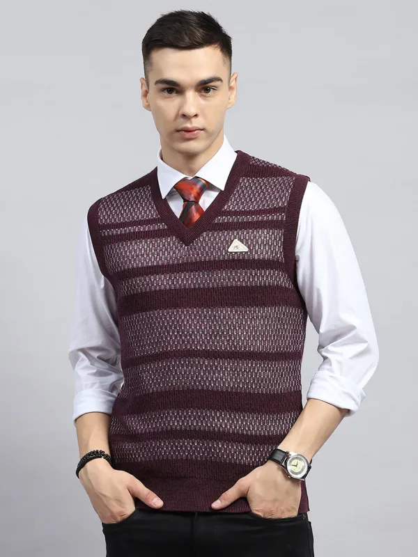 Men Maroon Self Design V Neck Sleeveless Sweater made by Monte Carlo