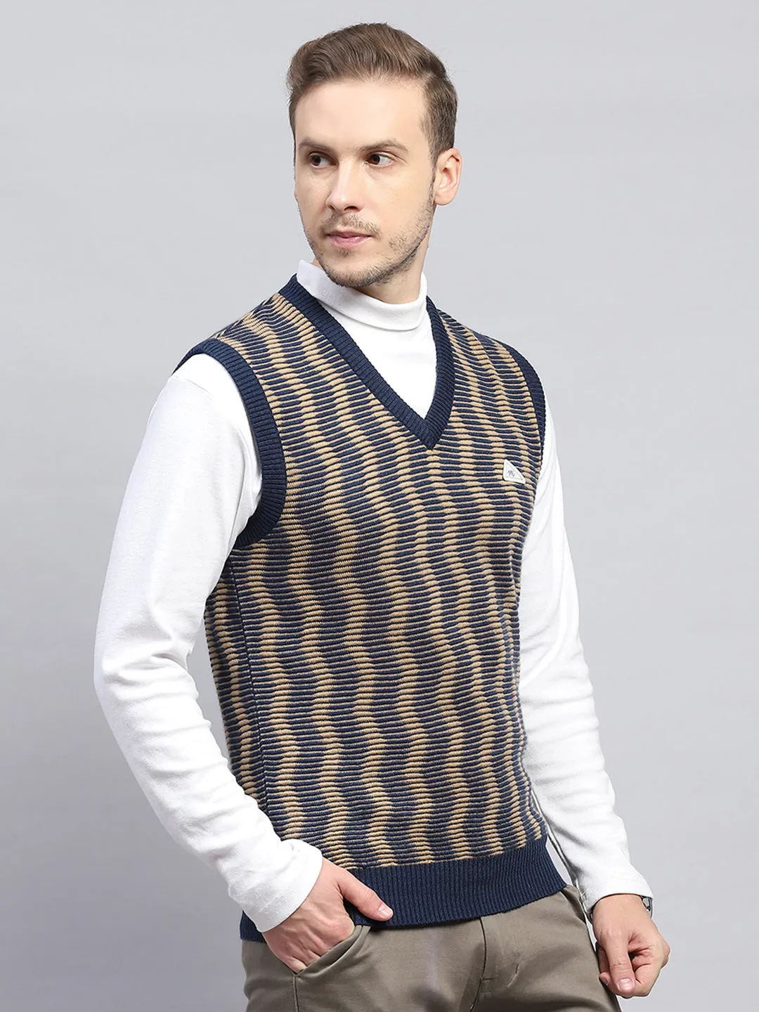 Men Navy Blue Self Design V Neck Sleeveless Sweater sold by Monte Carlo product image thumbnail 4