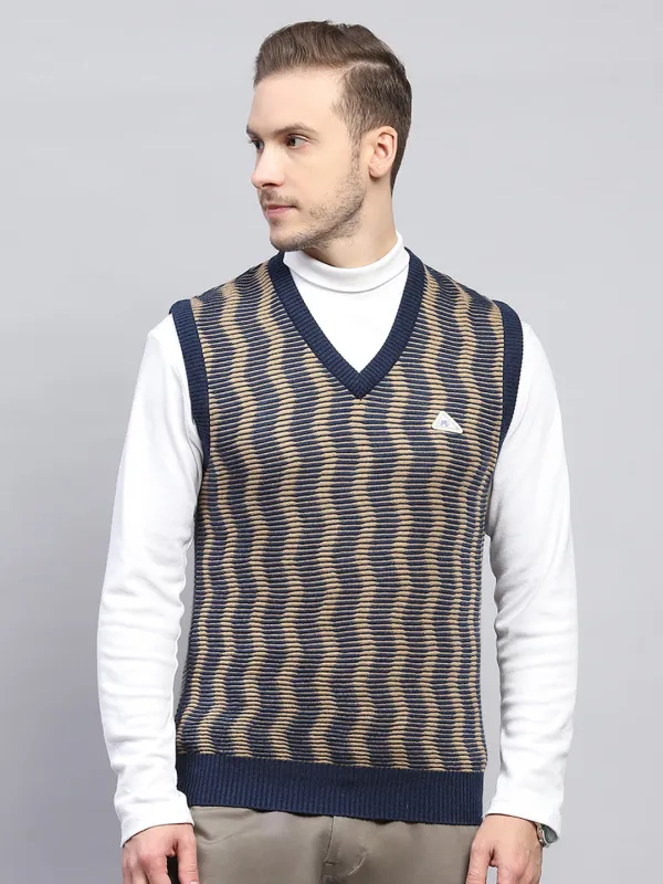Men Navy Blue Self Design V Neck Sleeveless Sweater made by Monte Carlo