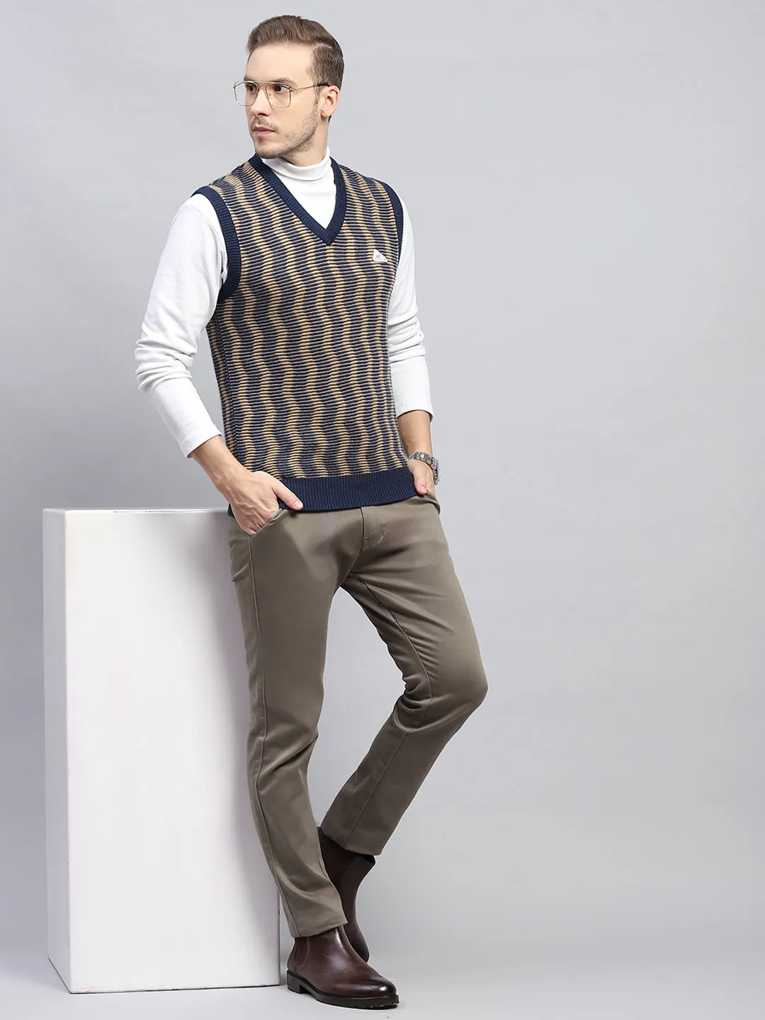 Men Navy Blue Self Design V Neck Sleeveless Sweater sold by Monte Carlo product image thumbnail 2
