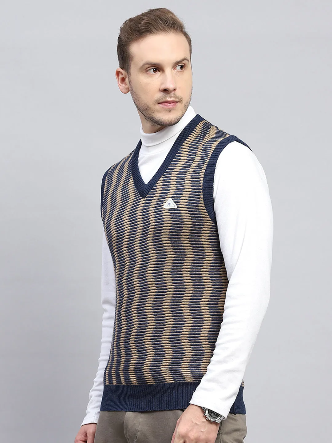 Men Navy Blue Self Design V Neck Sleeveless Sweater sold by Monte Carlo product image thumbnail 3