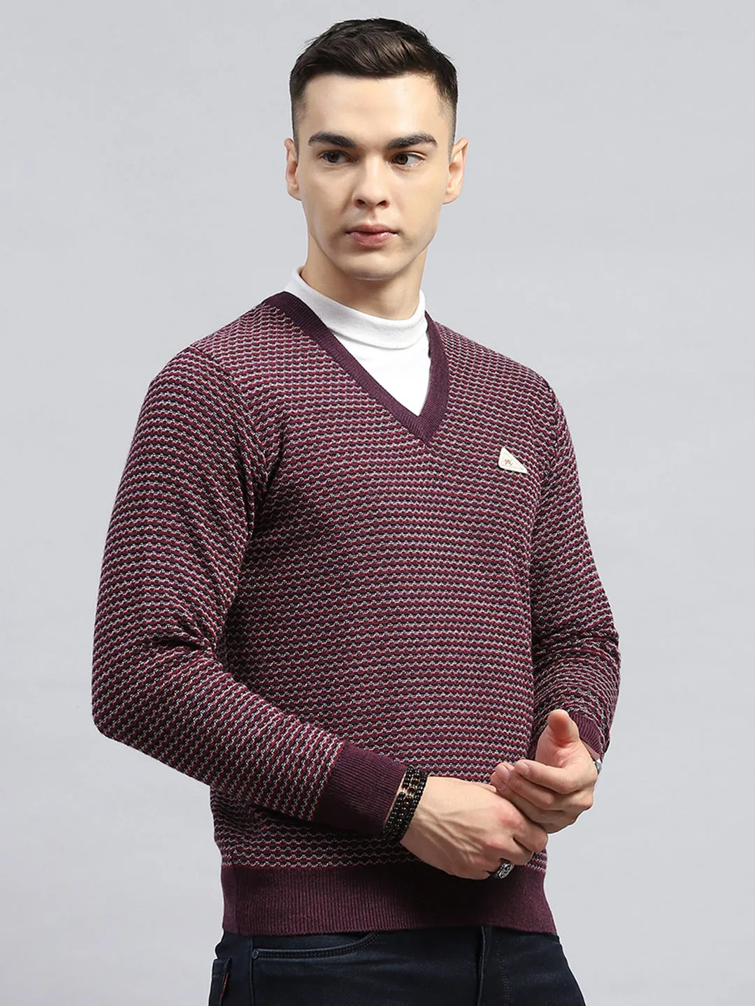 Men Burgundy Self Design V Neck Full Sleeve Pullover sold by Monte Carlo product image thumbnail 4