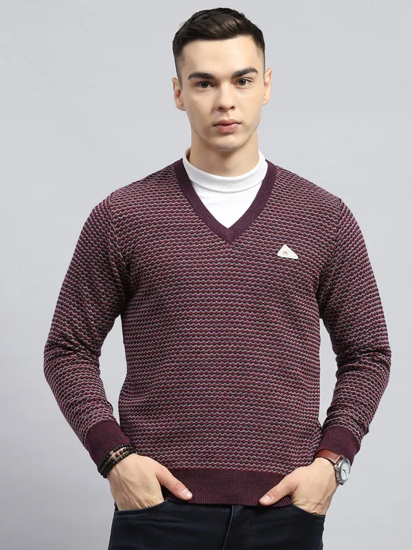 Men Burgundy Self Design V Neck Full Sleeve Pullover made by Monte Carlo